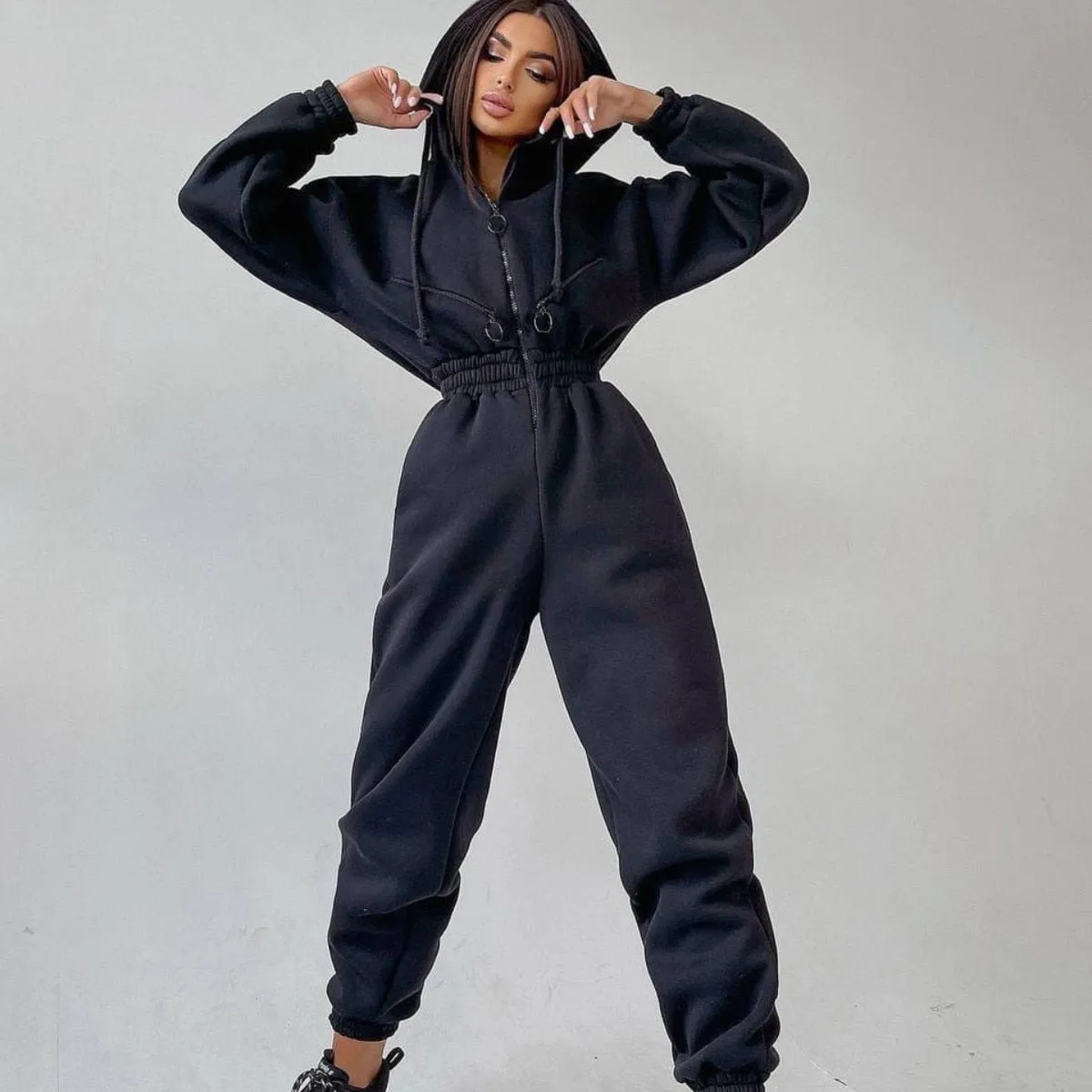 Fashionkova  Women Elegant Jumpsuit Hoodies Zipper One Piece Outfit Fleece Lined Winter Long Sleeve Overalls Casual Rompers Tracksuits Black