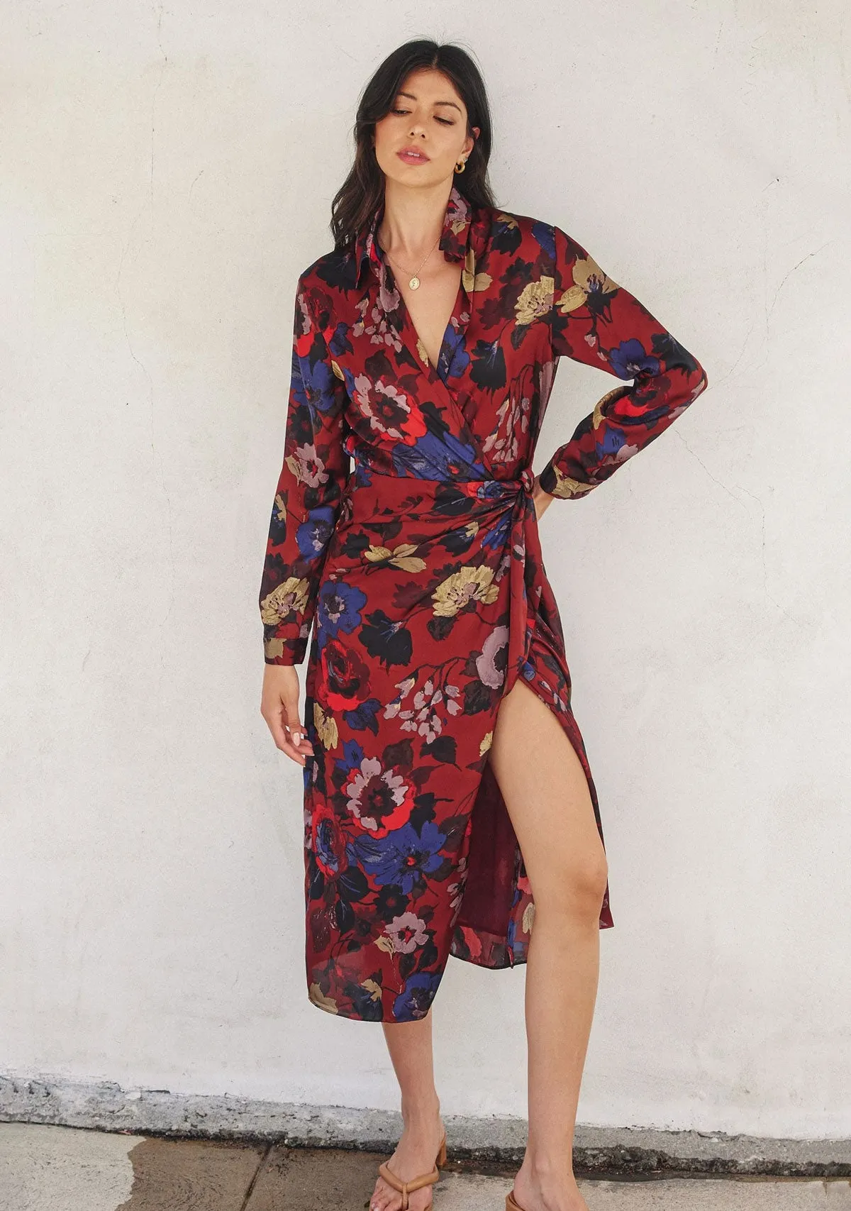 Fireplace Midi Shirt Wrap Dress Brandy Russet