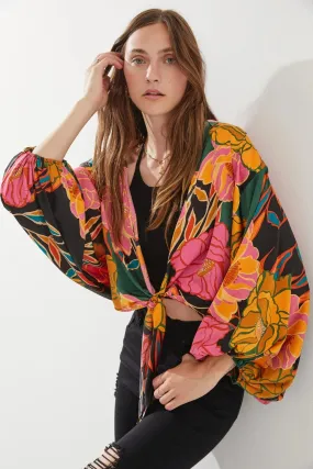 FLORAL PRINT TIE-FRONT CARDIGAN