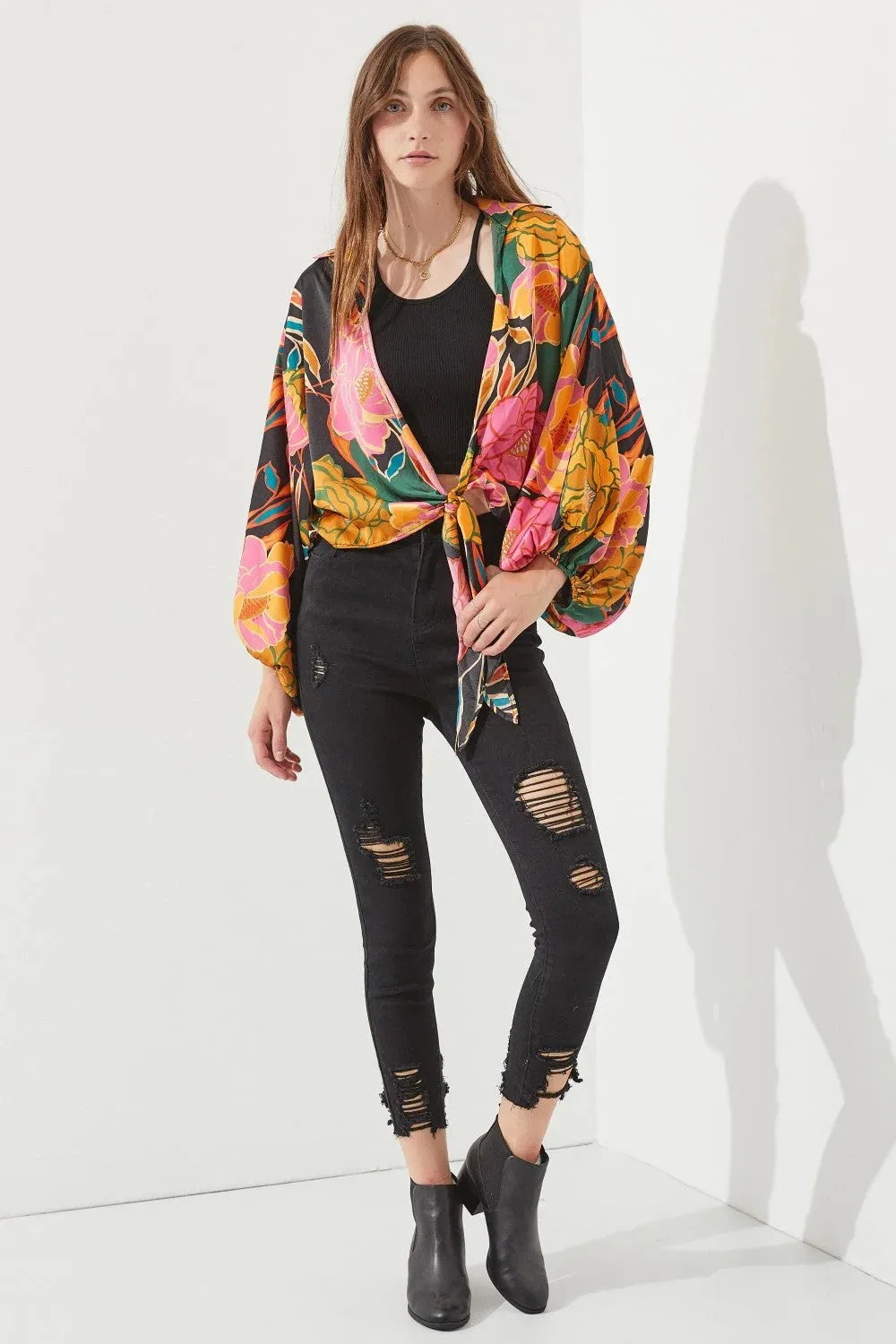 FLORAL PRINT TIE-FRONT CARDIGAN