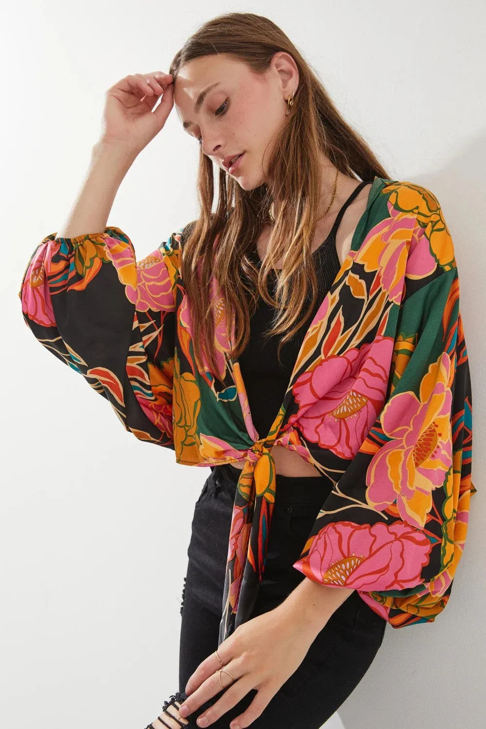 FLORAL PRINT TIE-FRONT CARDIGAN