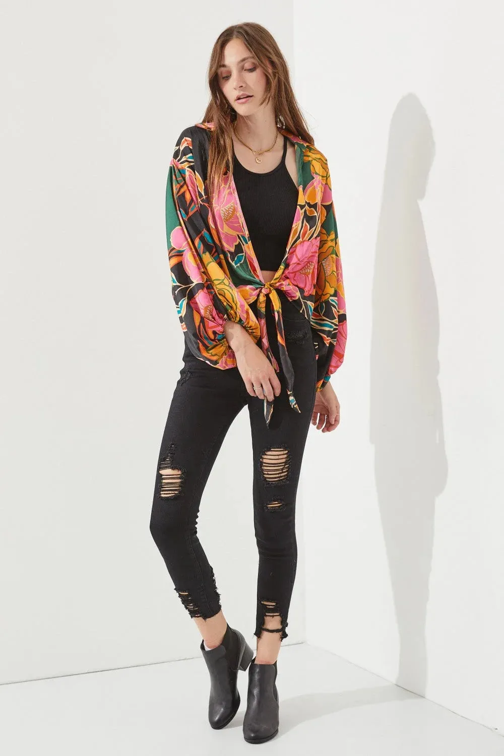 FLORAL PRINT TIE-FRONT CARDIGAN