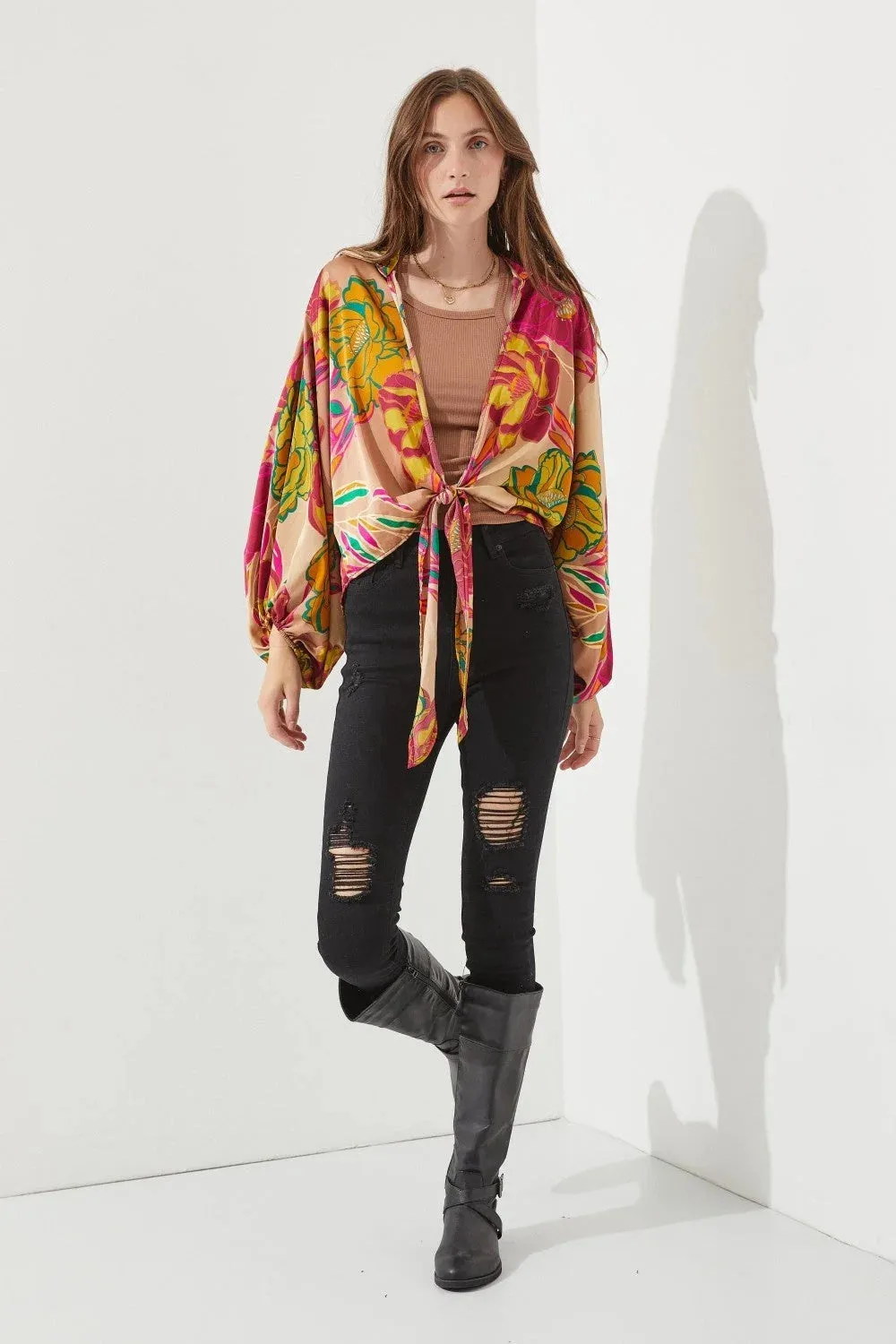 FLORAL PRINT TIE-FRONT CARDIGAN