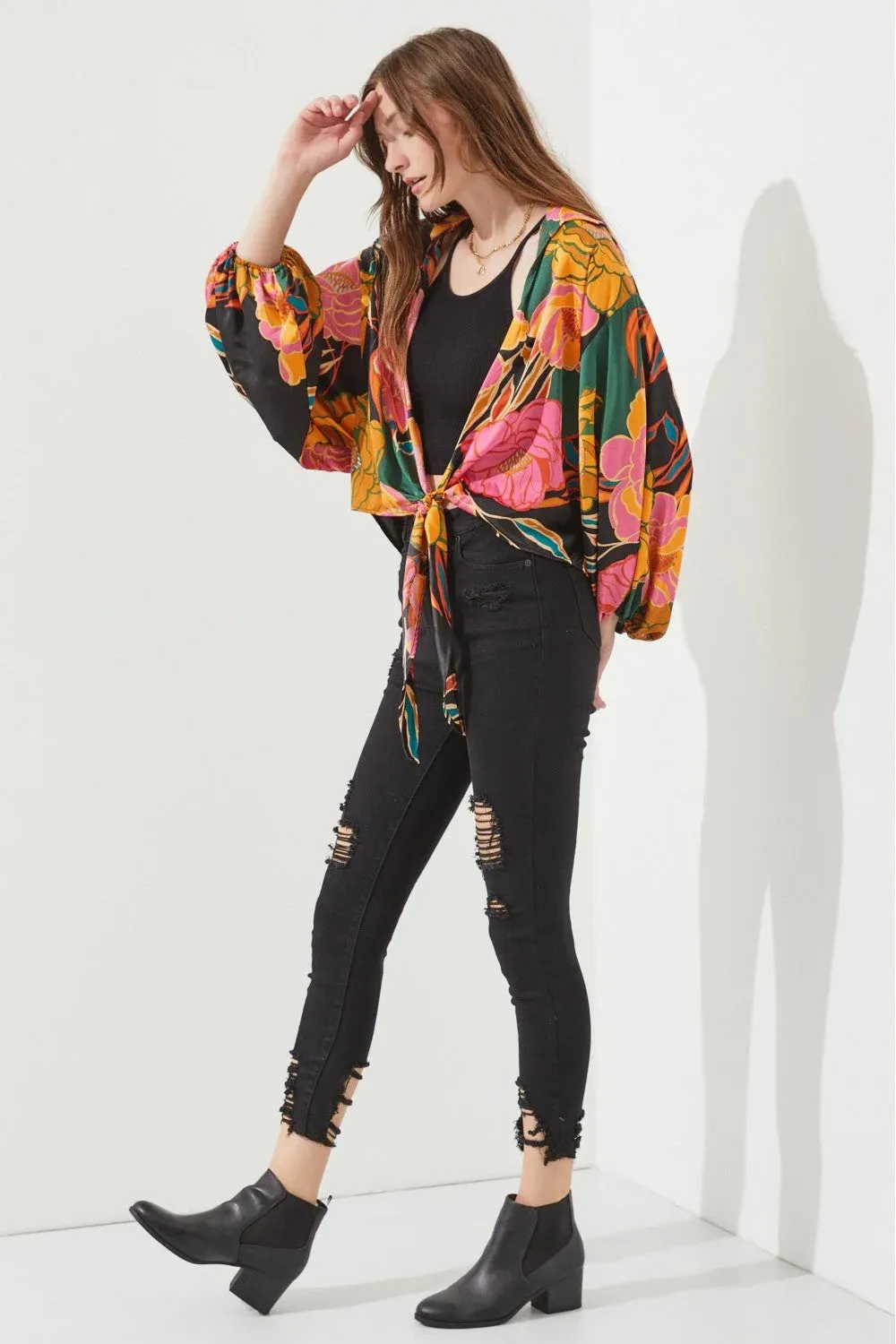 FLORAL PRINT TIE-FRONT CARDIGAN