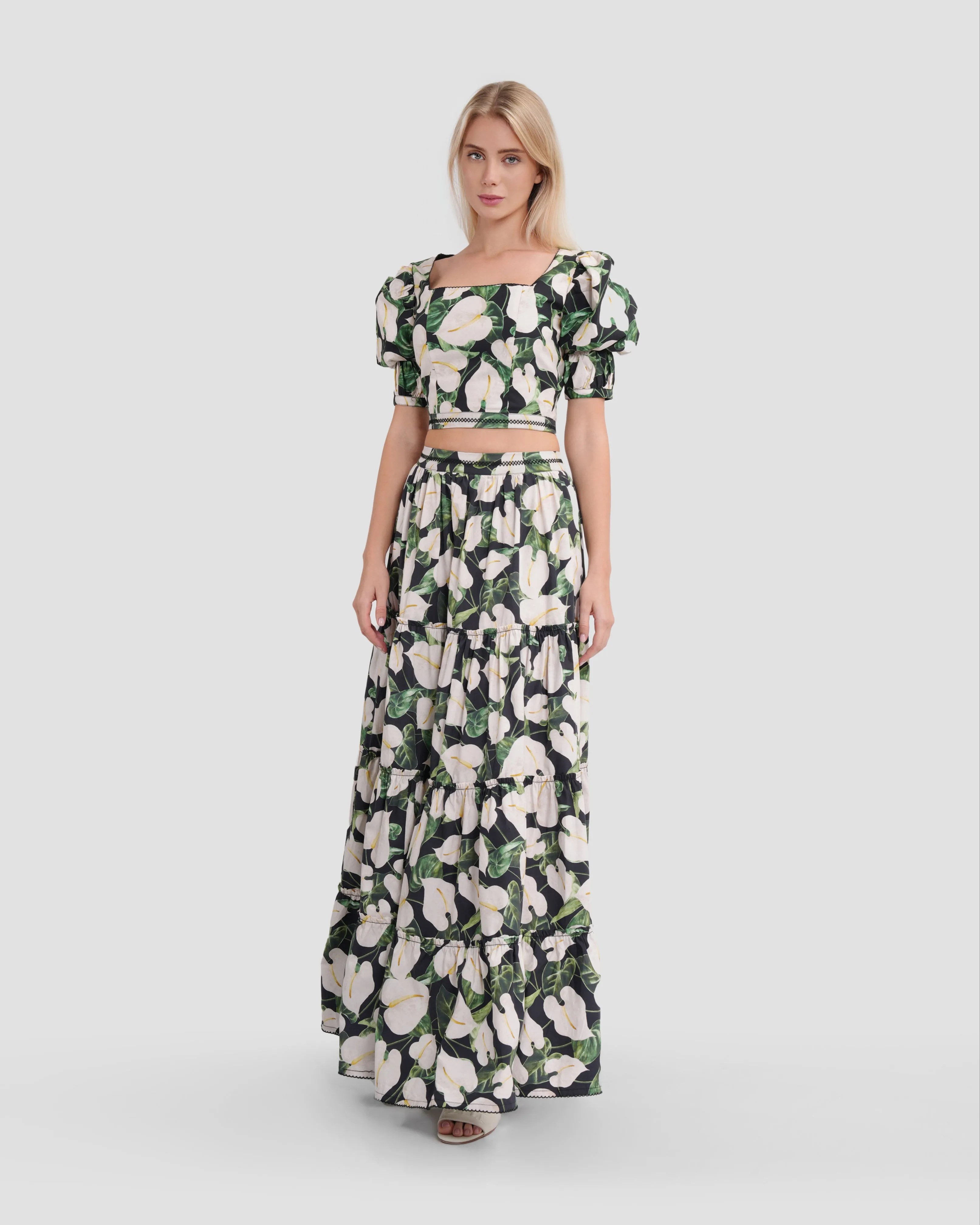 Floral-Tiered Maxi Skirt