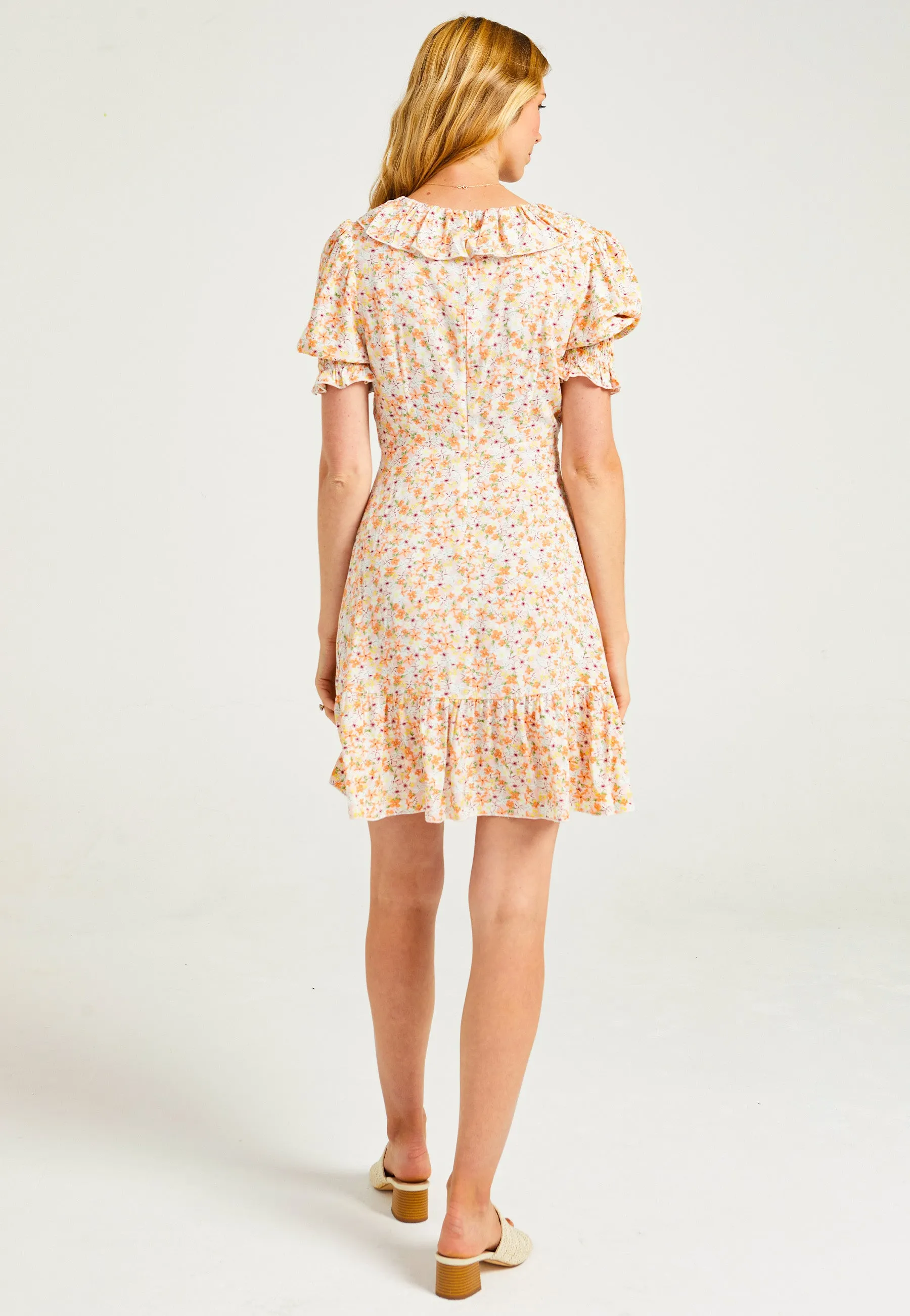 Frill Detail Mini Dress in Ditsy Floral Print