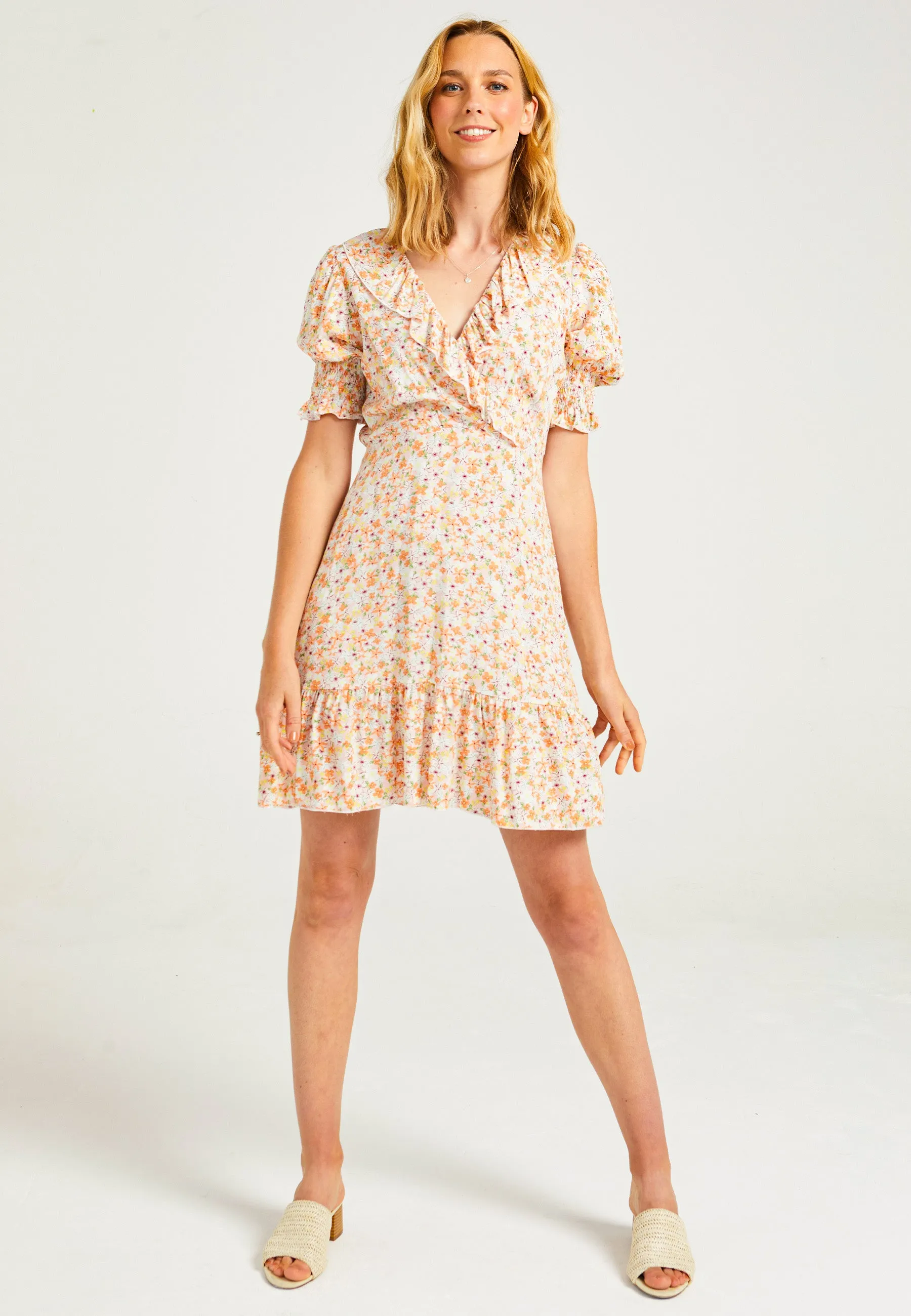 Frill Detail Mini Dress in Ditsy Floral Print