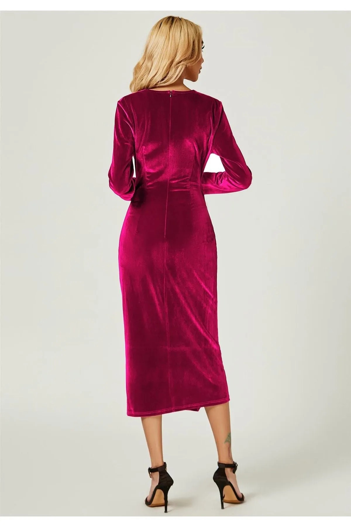 FS Collection Velvet Wrap Top Long Sleeve Occasions Midi Dress In Violet