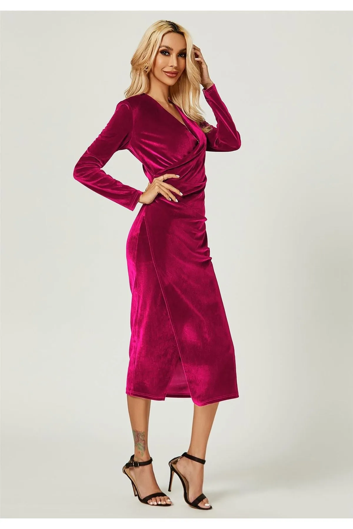 FS Collection Velvet Wrap Top Long Sleeve Occasions Midi Dress In Violet