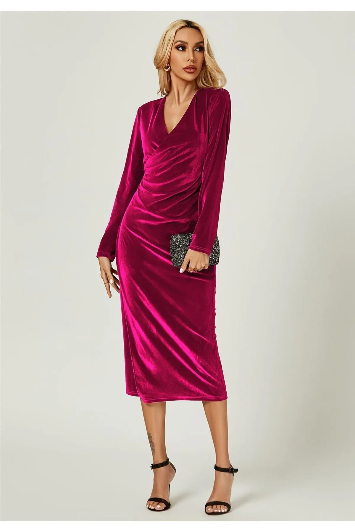 FS Collection Velvet Wrap Top Long Sleeve Occasions Midi Dress In Violet