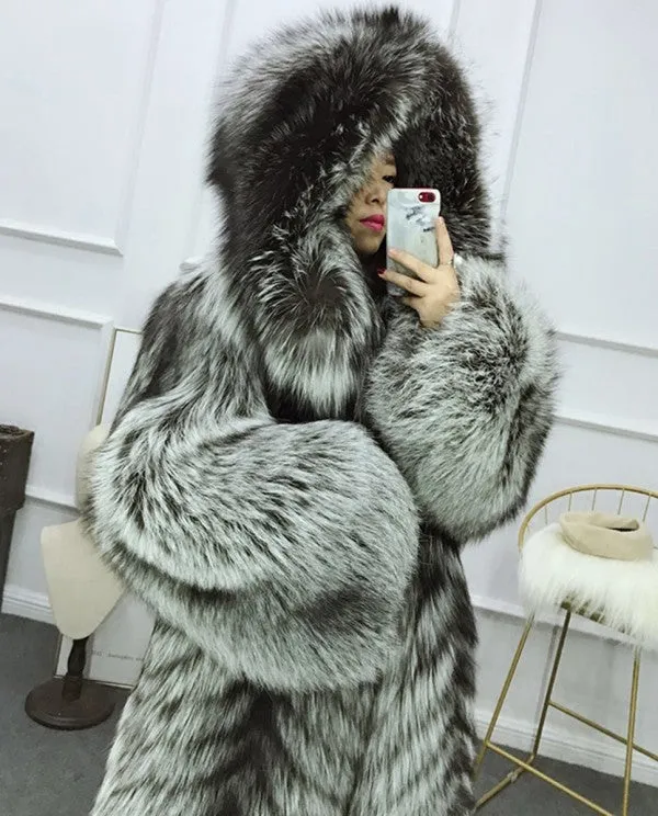 Full length Silver Fox Fur Long Coat with Hood