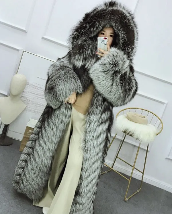 Full length Silver Fox Fur Long Coat with Hood