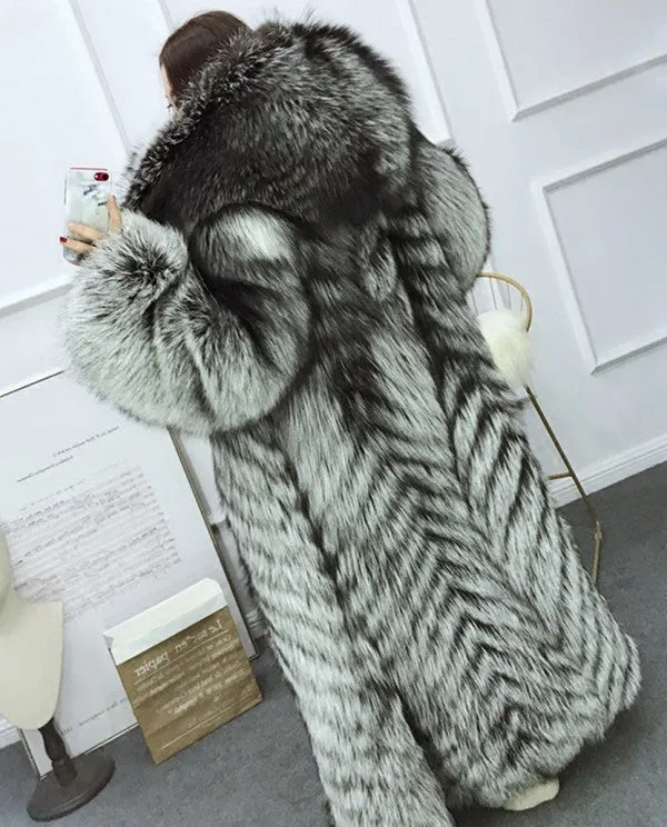 Full length Silver Fox Fur Long Coat with Hood