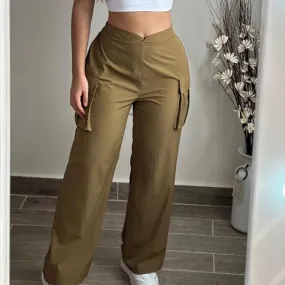 Girlary Elegant Commute Pockets Loose Straight Pant Female Solid Color High Waist Cargo Pants Spring Fashion Casual High Street Trousers