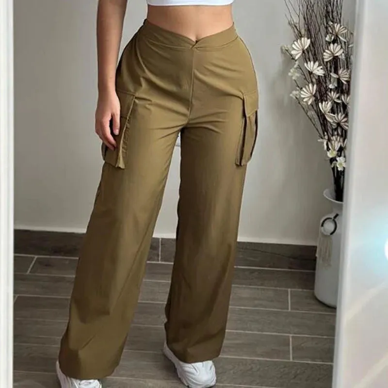 Girlary Elegant Commute Pockets Loose Straight Pant Female Solid Color High Waist Cargo Pants Spring Fashion Casual High Street Trousers