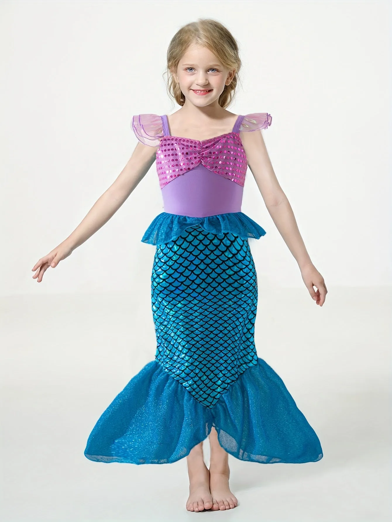 Girls Cartoon Mermaid Princess Dress Up Clothing, Flutter Sleeve Sequin Decor Peplum Mermaid Tail Dress For Pool Party