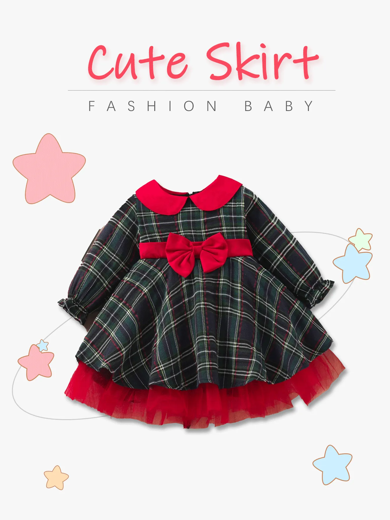 Girls' Plaid Waist Bow Stitched Mesh Christmas Dress