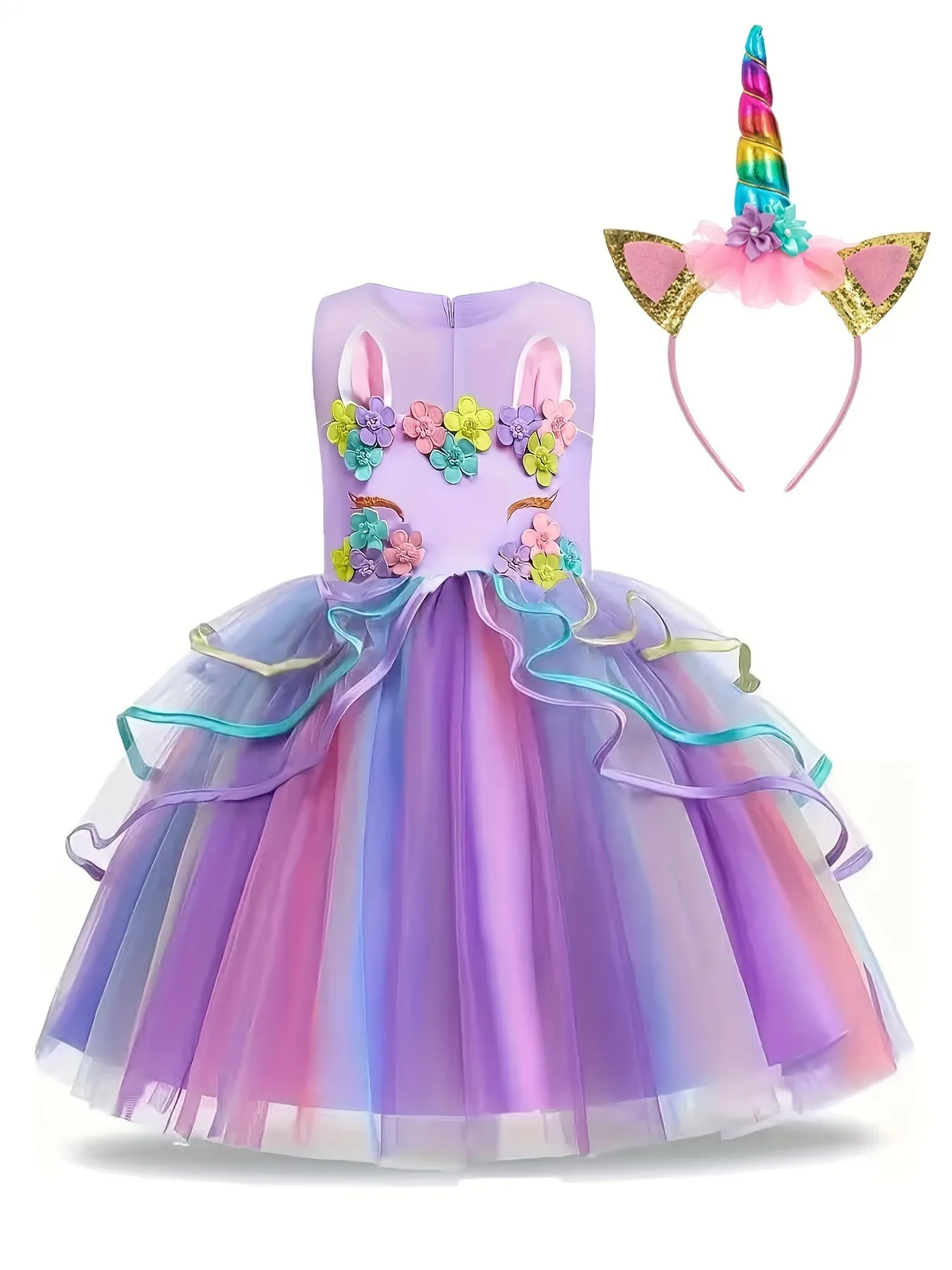 Girls Unicorn Princess Dress Cute Unicorn Floral Print Mesh Princess Dress Tulle Dresses (with Headgear)