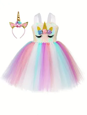 Girls Unicorn Tutu Dress Rainbow Tulle Princess Dress 3-10 Years Kids Unicorn Birthday Party Dresses Summer Vacation Halloween Dress Up Costumes Holiday Gifts