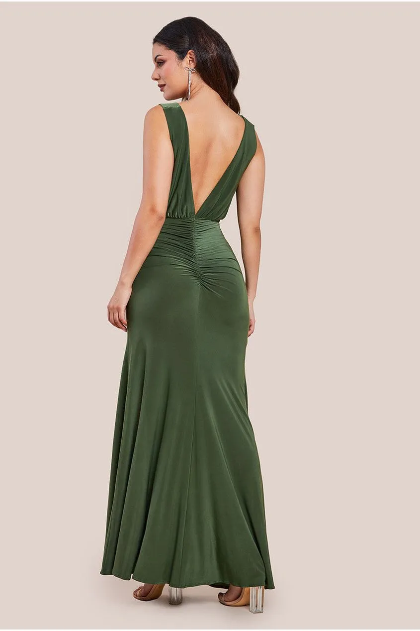 Goddiva Front Wrap Gathered Maxi Dress - Olive