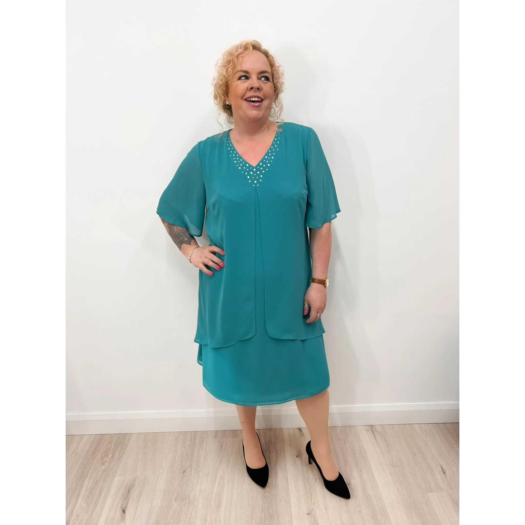 Godske Teal Chiffon Dress with Diamante Neckline