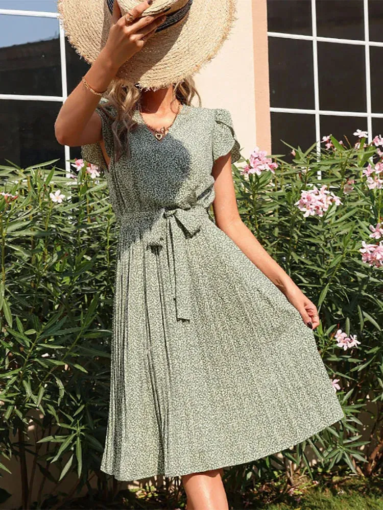 Green V Neck A-line Party Midi Dress - Summer Print Pleated Women Casual Short Sleeve Bandage Wrap Elegant 2024 New