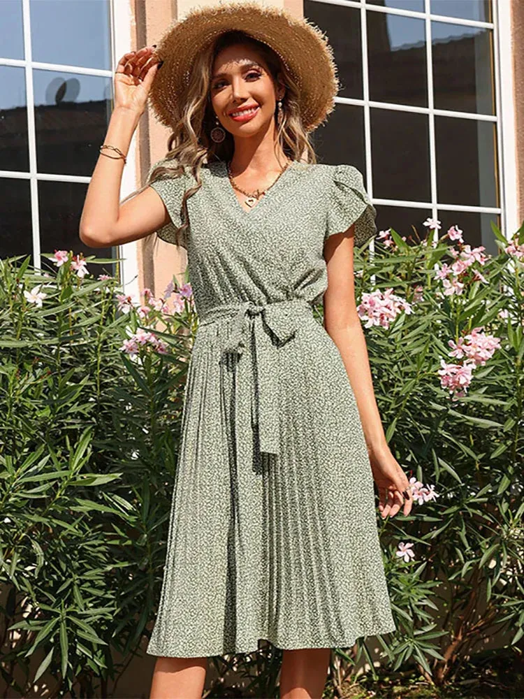 Green V Neck A-line Party Midi Dress - Summer Print Pleated Women Casual Short Sleeve Bandage Wrap Elegant 2024 New