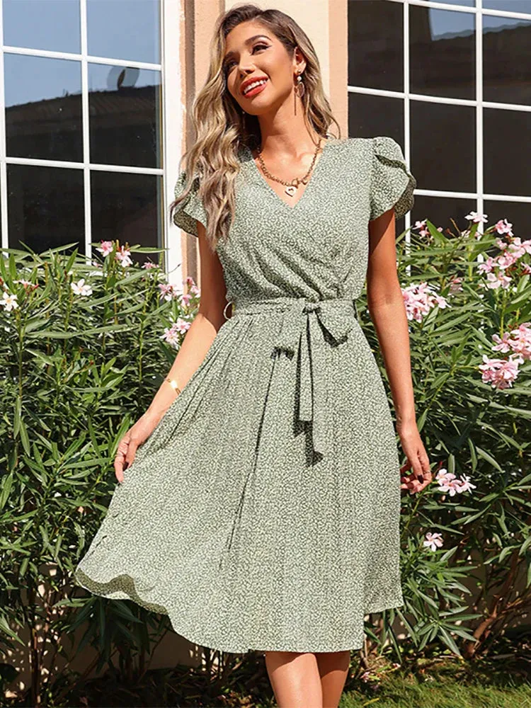 Green V Neck A-line Party Midi Dress - Summer Print Pleated Women Casual Short Sleeve Bandage Wrap Elegant 2024 New