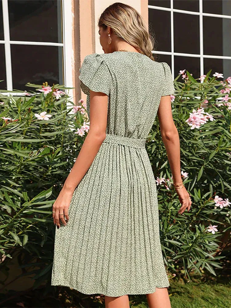 Green V Neck A-line Party Midi Dress - Summer Print Pleated Women Casual Short Sleeve Bandage Wrap Elegant 2024 New