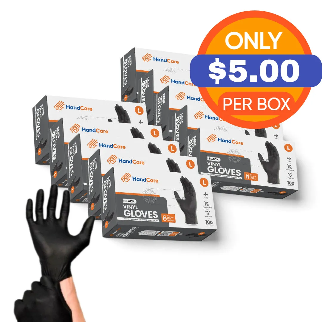 HandCare Black Vinyl Gloves - Powder Free (3 Mil), 1,000 Gloves