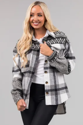 Heather Grey Plaid Shacket with Aztec Print Contrast