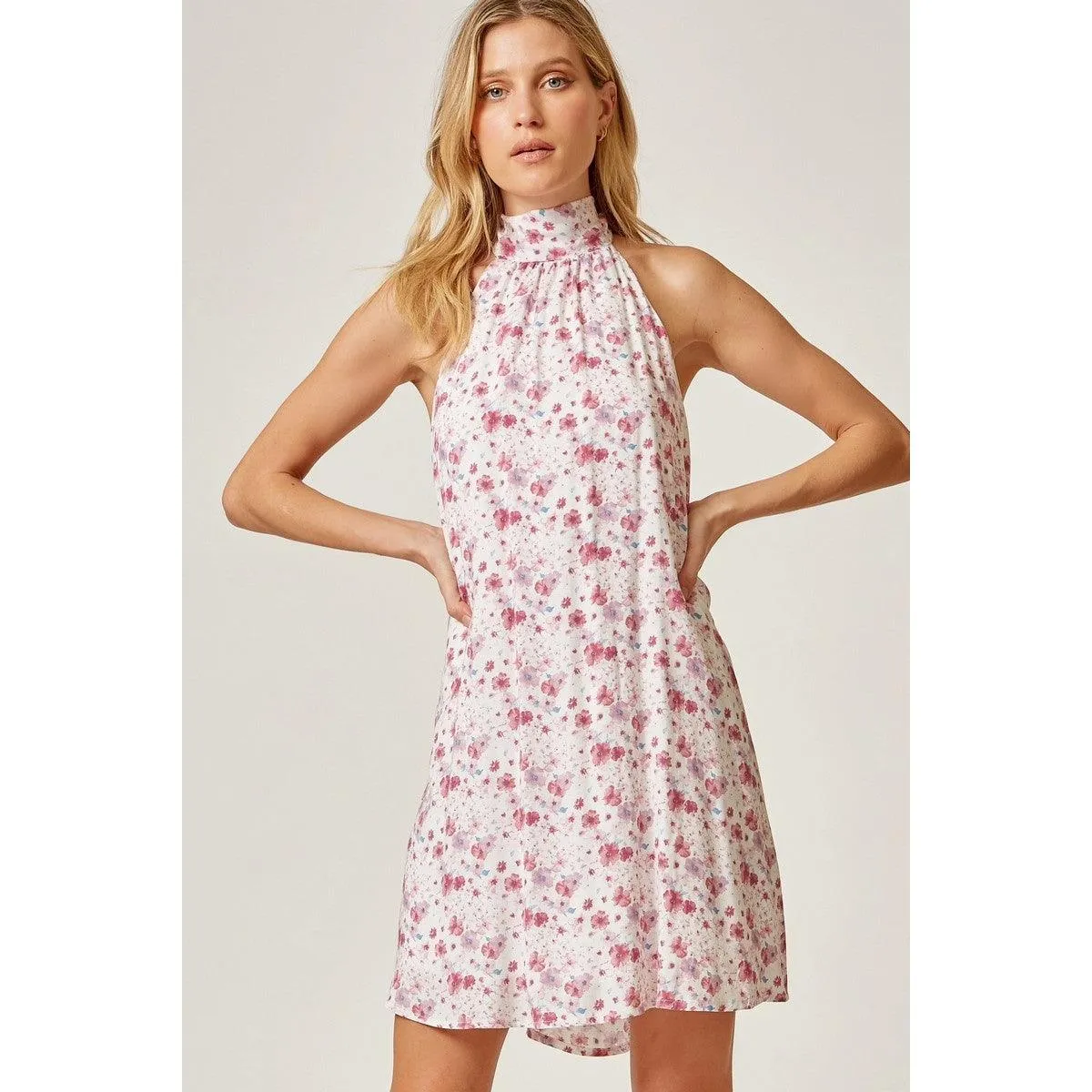 High Neck Floral Print Sleeveless Dress