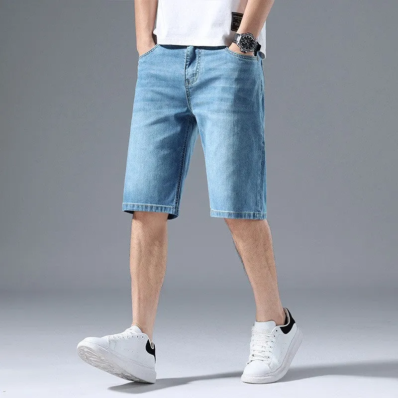 Hong Kong High-End Jeans Men's Slim Straight Stretch Casual Pirate Shorts All-Matching Fashion Brand Fifth Pants Light Business