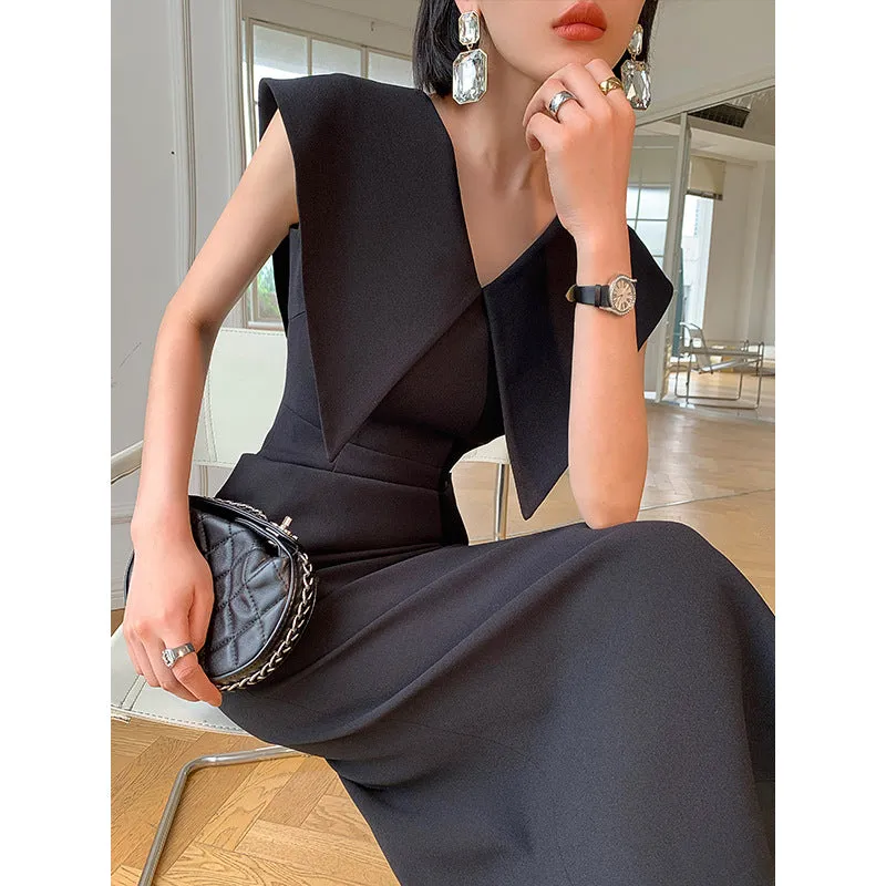 IKEARLAX  Black Hepburn Style Sleeveless Doll Collar Dress Women's Summer  New Waist-Tight Slimming Long Dress