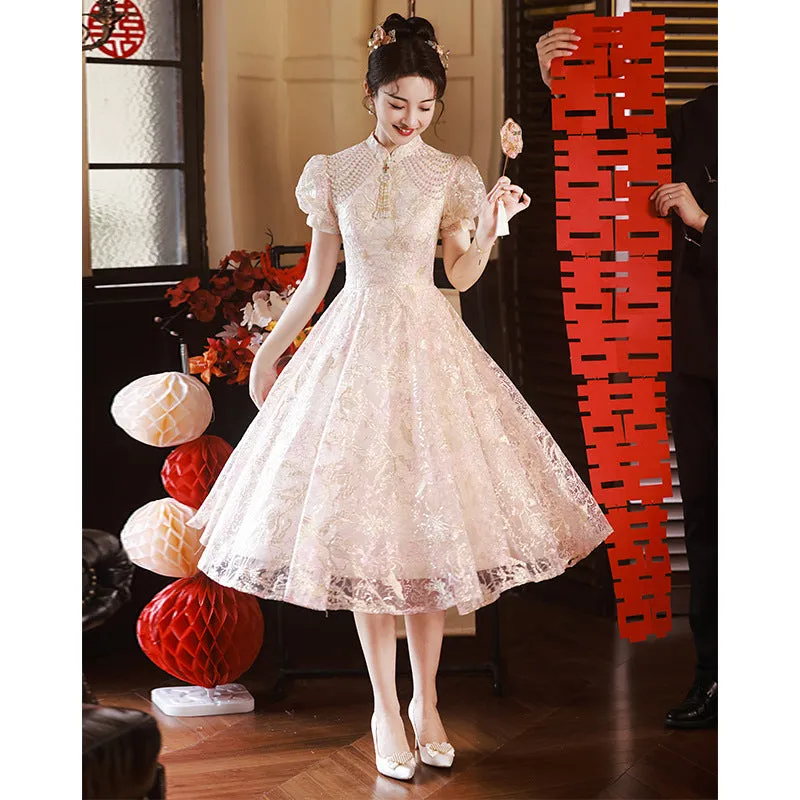 IKEARLAX  Cheongsam Toast Dress Bride  New Summer New Chinese Engagement Wedding Dress Women's High-Grade Back-to-Door Casual Dress