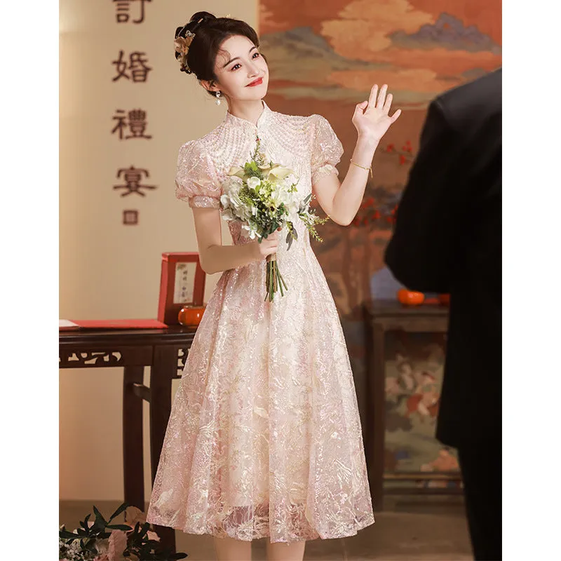 IKEARLAX  Cheongsam Toast Dress Bride  New Summer New Chinese Engagement Wedding Dress Women's High-Grade Back-to-Door Casual Dress