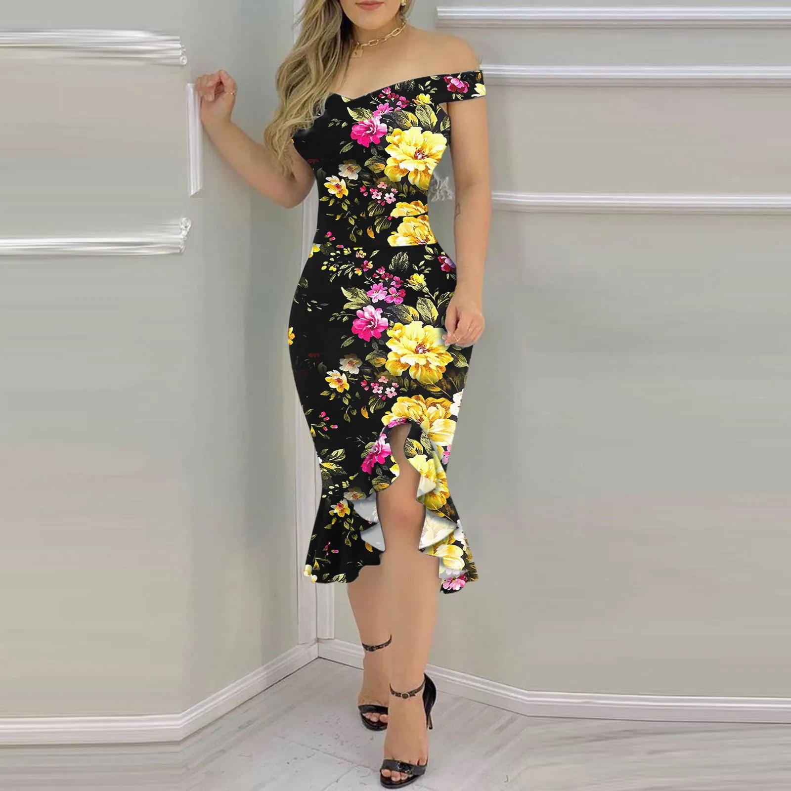 IKEARLAX European and American Foreign Trade  Summer Sexy off-Shoulder Non-Positioning Irregular Skinny Sheath Printing Dress in Stock