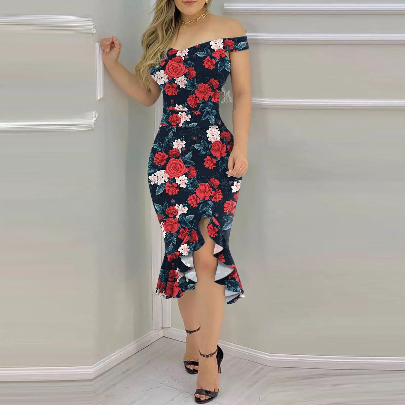 IKEARLAX European and American Foreign Trade  Summer Sexy off-Shoulder Non-Positioning Irregular Skinny Sheath Printing Dress in Stock