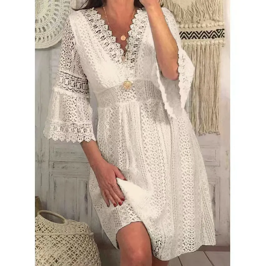 IKEARLAX Spring New Lace Dress European and American Foreign Trade V-neck Hollow Lace Bell Sleeve Dress