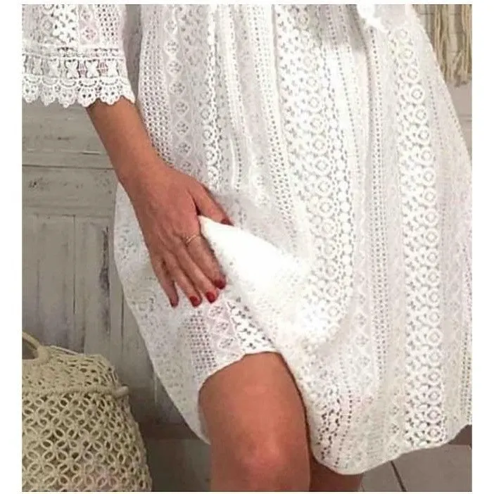 IKEARLAX Spring New Lace Dress European and American Foreign Trade V-neck Hollow Lace Bell Sleeve Dress