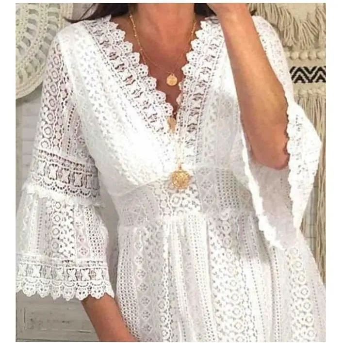 IKEARLAX Spring New Lace Dress European and American Foreign Trade V-neck Hollow Lace Bell Sleeve Dress