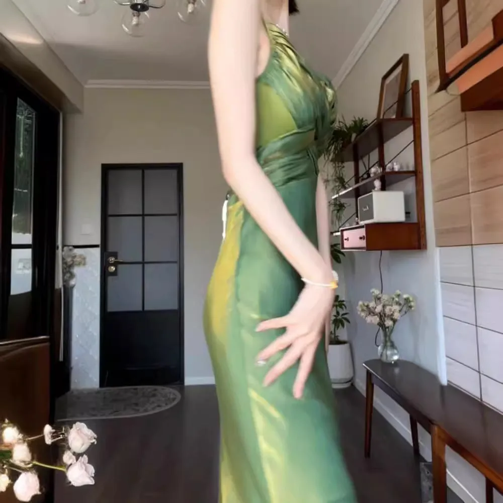 IKERRLAX Good Job [Miss Hera] Atonement Green Strap Evening Dress Summer Design Sense Slim White Dress