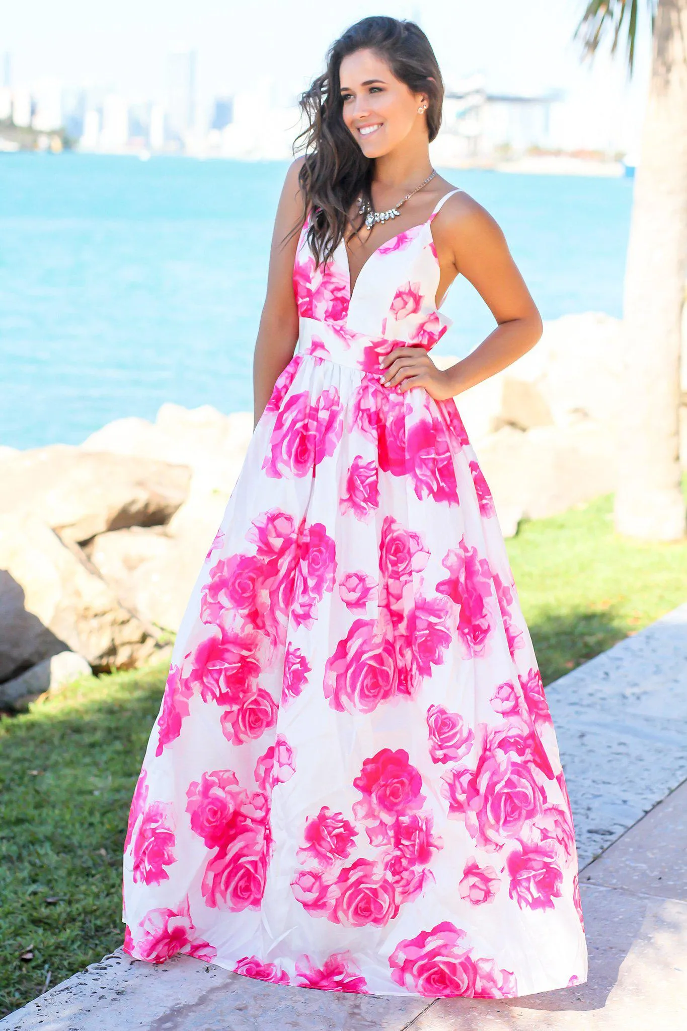 Ivory and Fuchsia Floral Maxi Dress with Criss Cross Back