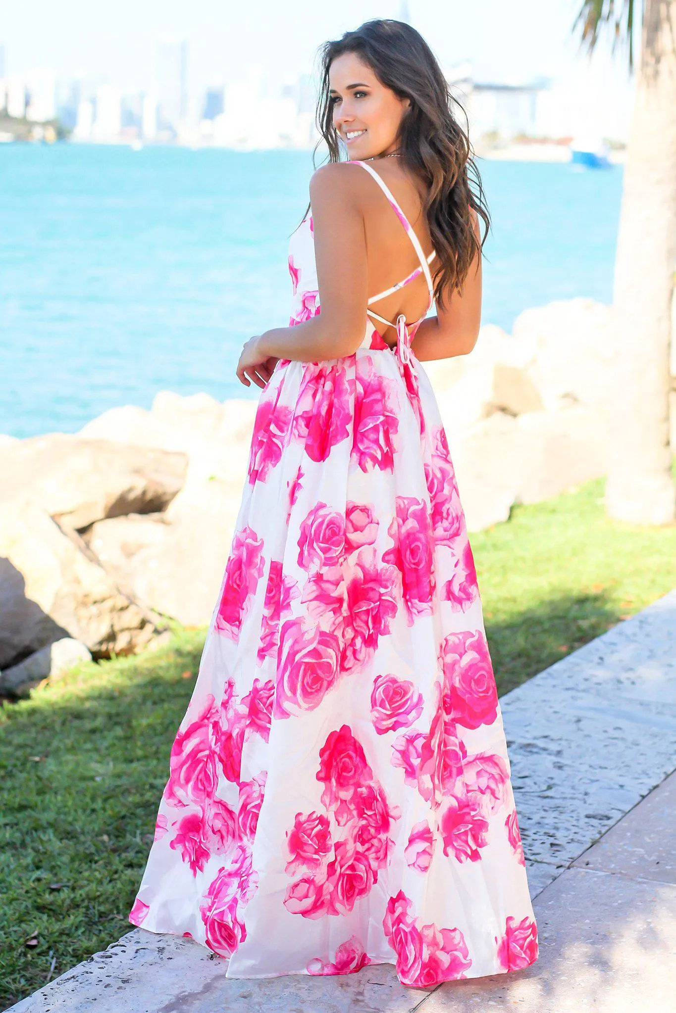 Ivory and Fuchsia Floral Maxi Dress with Criss Cross Back