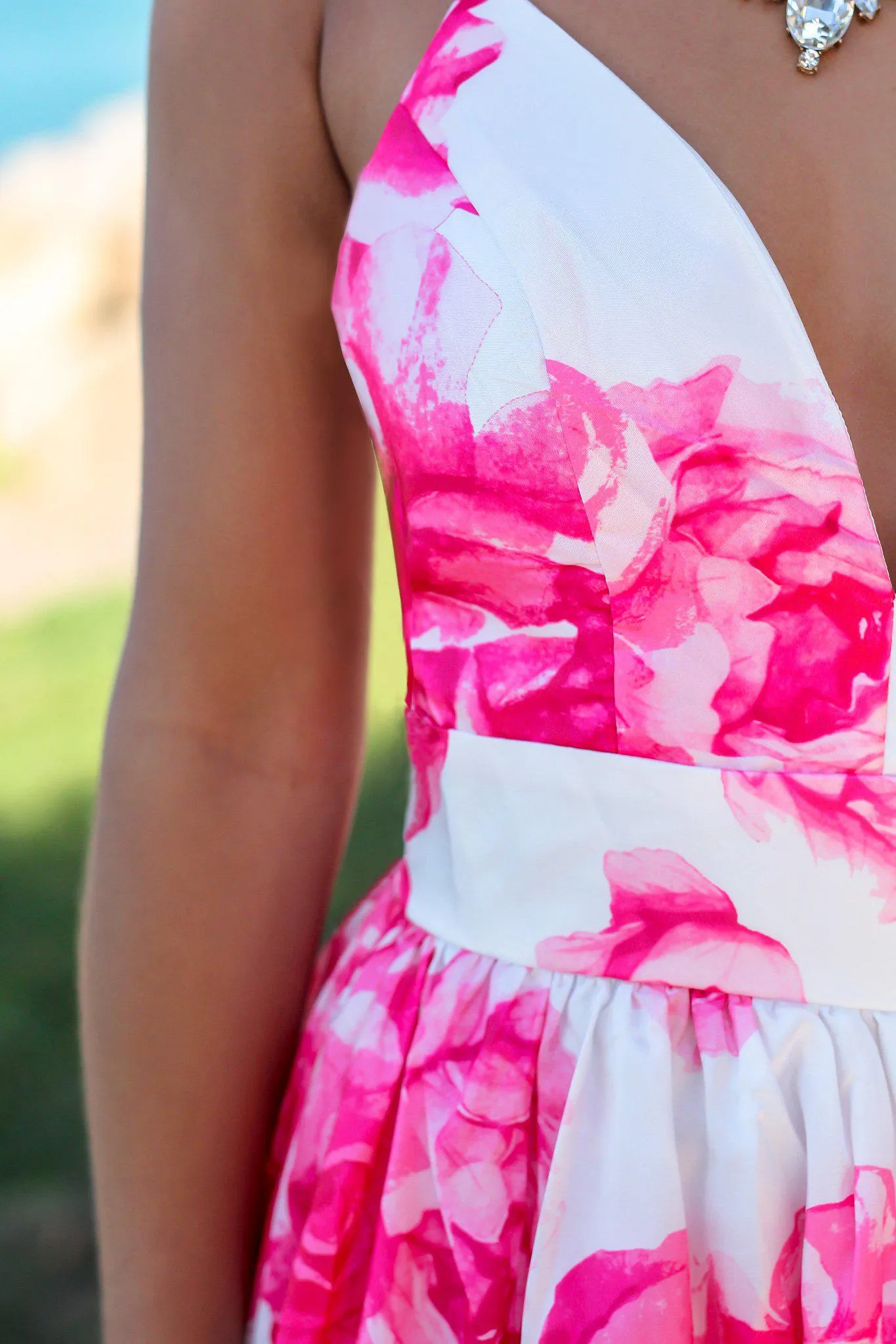 Ivory and Fuchsia Floral Maxi Dress with Criss Cross Back