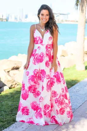 Ivory and Fuchsia Floral Maxi Dress with Criss Cross Back