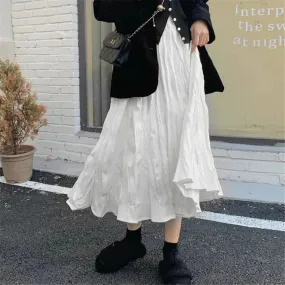 Japanese Elegant Irregular Wrinkled Long Skirt Women High Waist Wrinkled Black White Pleated Skirt Korean Gothic Midi Saia