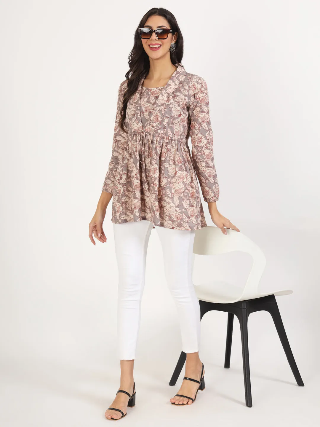 Jashvi Grey Floral Printed Cotton Top