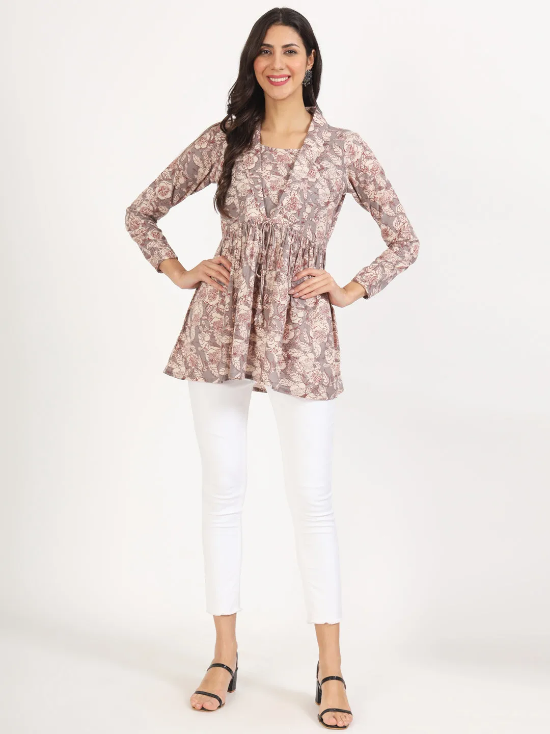 Jashvi Grey Floral Printed Cotton Top