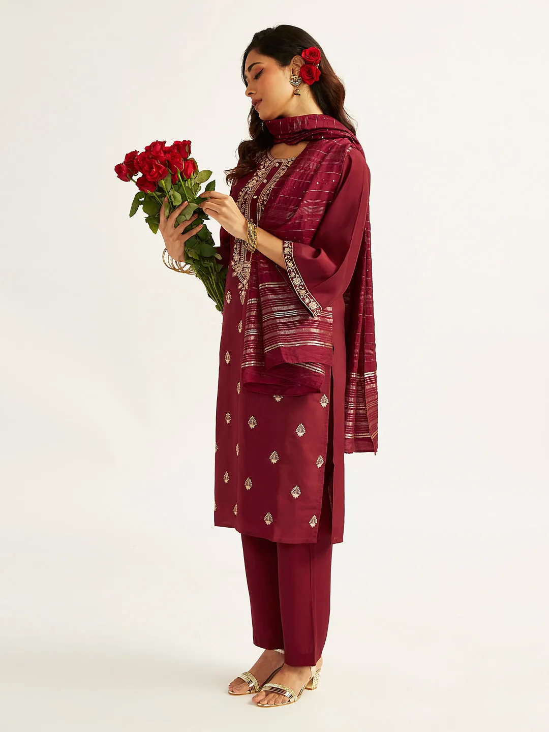 Jashvi Women's Maroon Kurta Set